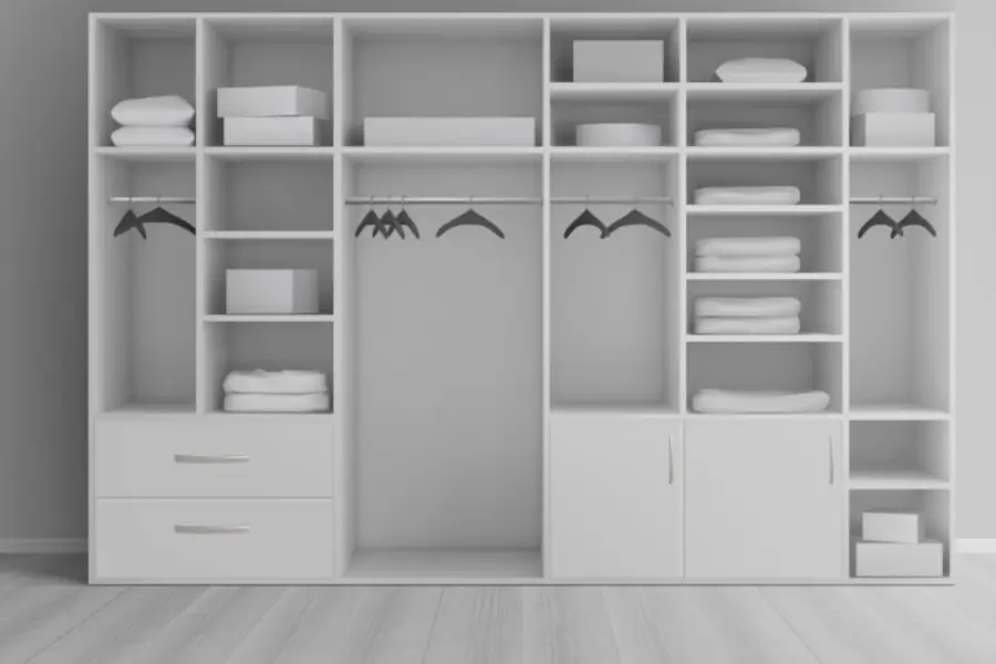 Espace de rangement sur mesure fonctionnel et élégant avec ce dressing intégré. Sa conception tout en blanc crée une ambiance lumineuse et moderne, tandis que ses nombreux rangements et penderies offrent une solution pratique pour organiser vos vêtements, chaussures et accessoires.